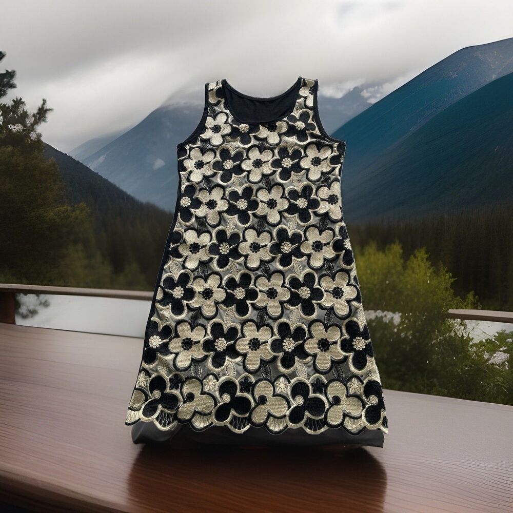 Unbranded Dress Small Black & Gold Floral Bodycon Lace Excellent Condition
